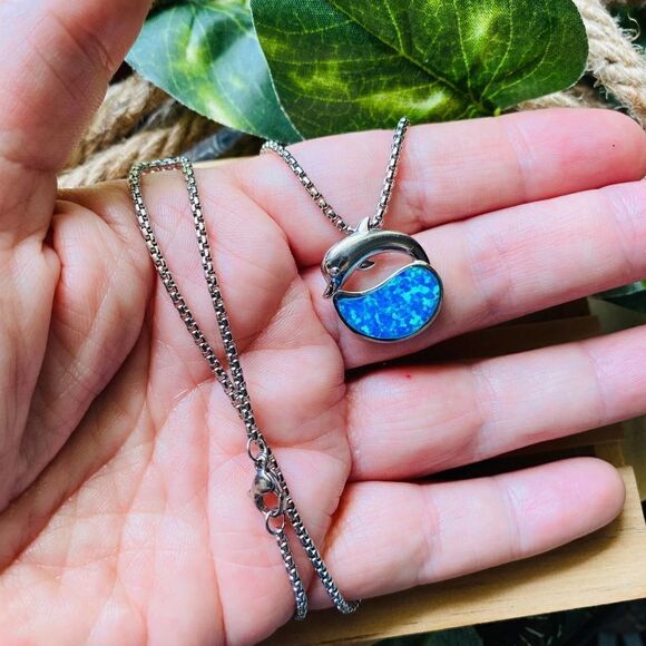 Dolphin Blue Opal Sterling Silver Pendant - Picture 1 of 4